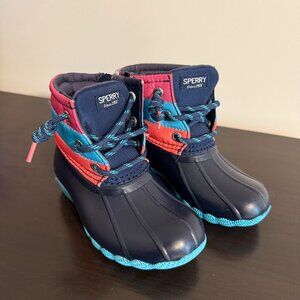 Sperry Toddler Duck Boots Size 7 Navy Teal Pink Lace-Up Rain Boots